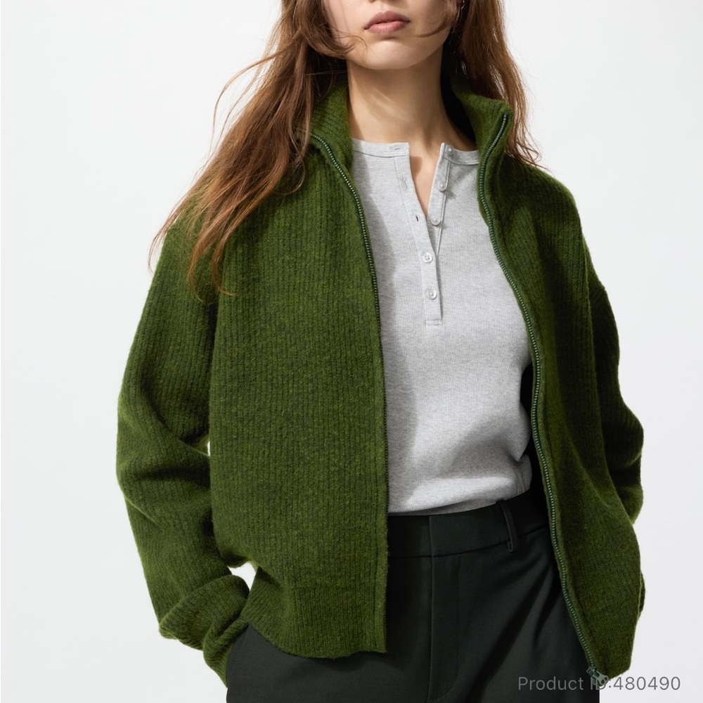 Uniqlo Green Soufflé Yarn Zip Cardigan